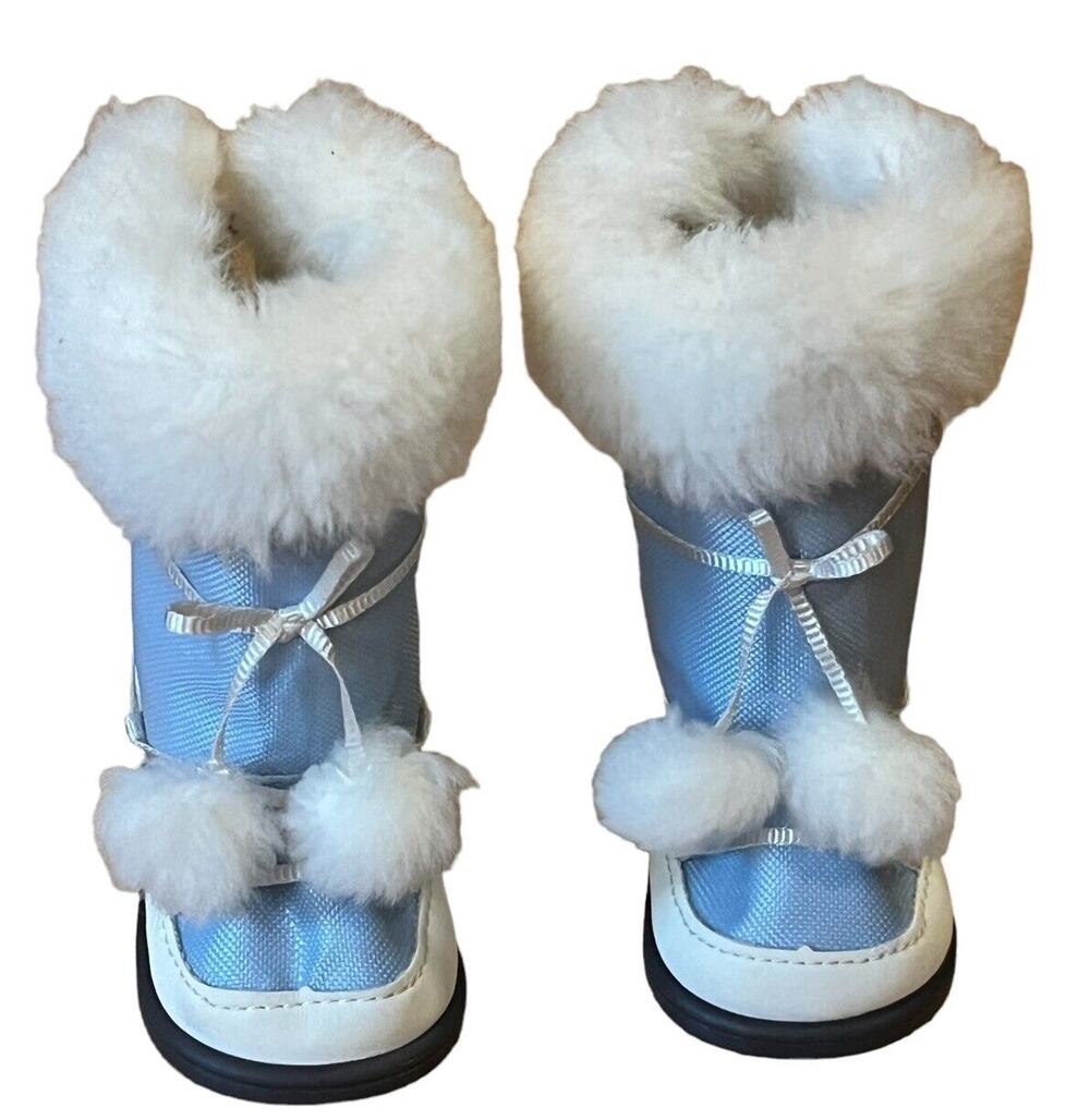 American Girl “Snow Flurry Outfit” BOOTS Blue White Fur Pom Pom Winter 2010